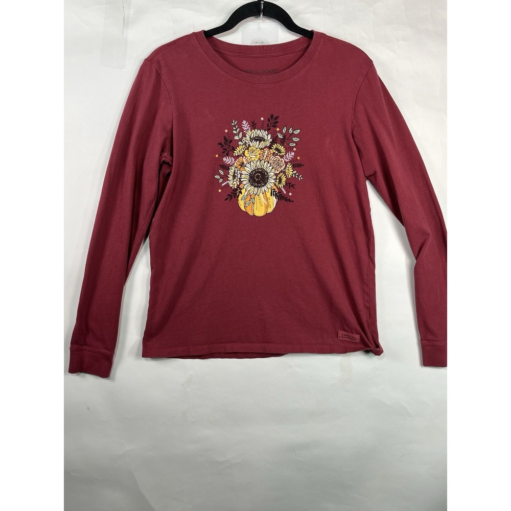 Life is Good Women's‎ Fall Pumpkin Flowers Long Sleeve Crusher Tee Maroon Sz M